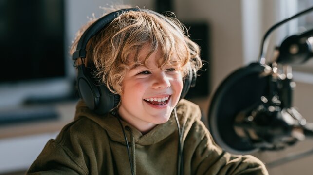 Joyful young child with curly blond hair wearing headset speaking into professional microphone during creative podcast recording session at cozy home environment