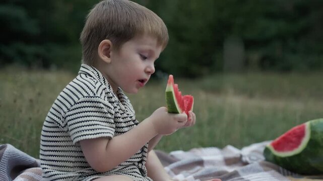 Adorable small kid eating sweet juicy watermelon outside on summer day