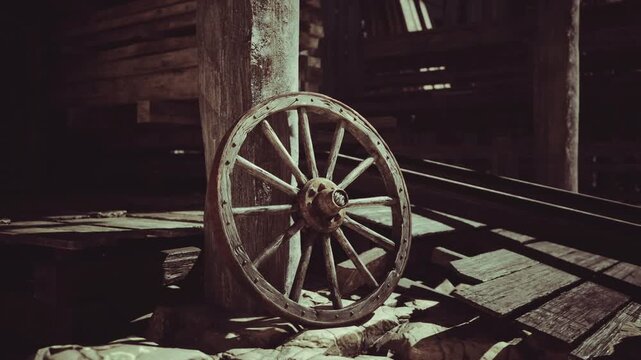 Aged wagon wheel with craftsman leaning against timber post inside dim workshop, shafts of light cut through dust, scattered tools and sawdust on floor, tactile