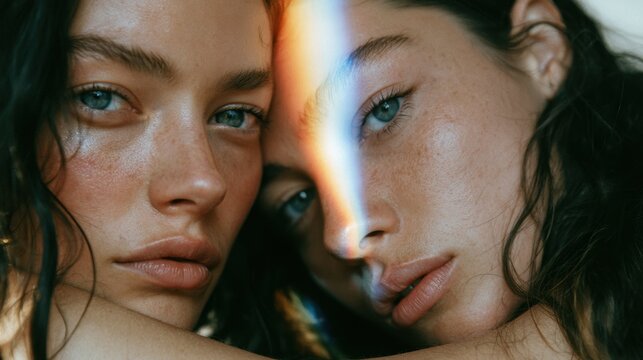 Close-up of two young women with blue eyes and natural skin texture facing camera with a soft light reflection and intimate mood in a beauty portrait