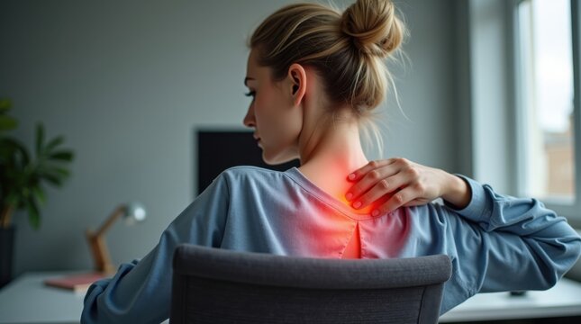 Mujer sentada en una silla de oficina frot&aacute;ndose los m&uacute;sculos del hombro, con expresi&oacute;n de cansancio