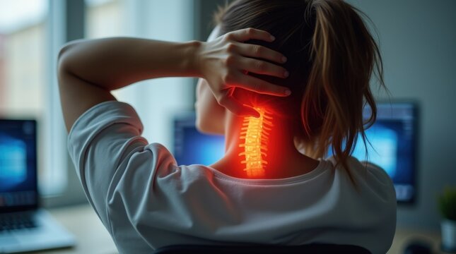 Mujer estirando el cuello tras trabajar frente a la computadora, con la mano toc&aacute;ndose los m&uacute;sculos del cuello agarrotados