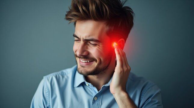 Hombre joven con dolor de o&iacute;do toc&aacute;ndose la oreja, zona de la oreja resaltada en rojo, concepto de concienciaci&oacute;n m&eacute;dica