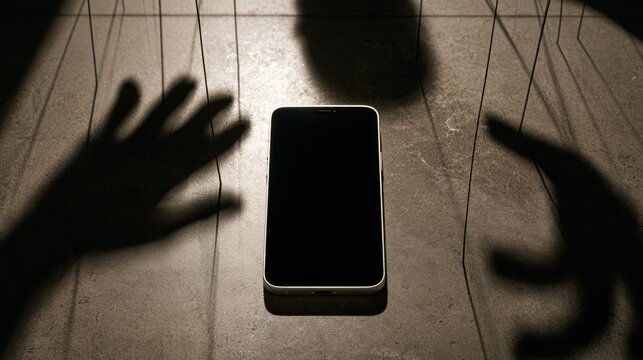 Smartphone on surface controlled by marionette strings with shadow hand gestures symbolizing manipulation influence and control by technology and digital device