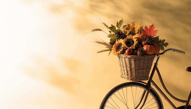 Autumn bicycle basket, colorful fall leaves with sunflowers and pumpkins on warm yellow background
