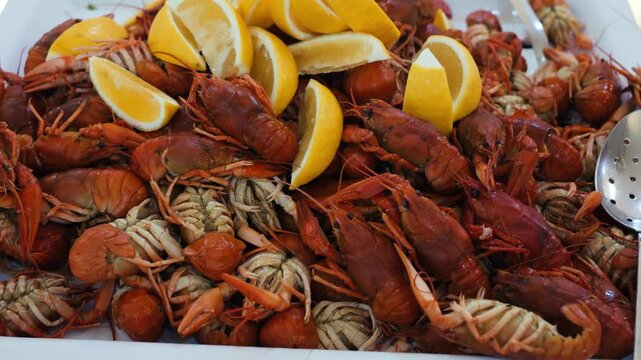 Large pile of cooked crayfish served with fresh lemon wedges, creating a colorful seafood dish ideal for a casual summer meal or outdoor gathering. High quality 4k footage