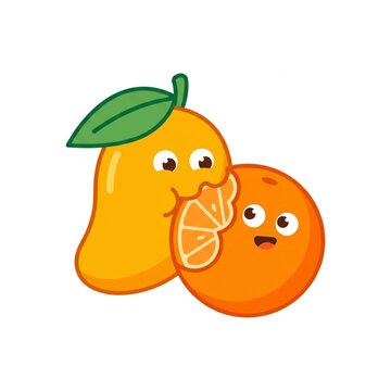 Cute mango biting orange vector illustration. Funny fruit characters with happy faces.