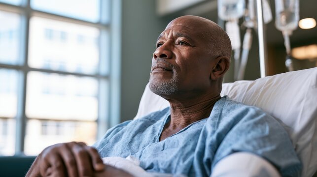 Thoughtful mature man resting on hospital bed looking out window with hope and contemplation in sterile medical environment during recovery and healing process