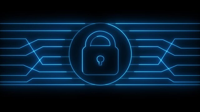 Blue Neon Padlock and Circuitry Graphics on Dark Background glow. High-tech glowing green padlock with circuit graphics, showcasing secure systems and cyber protection.4k animation video