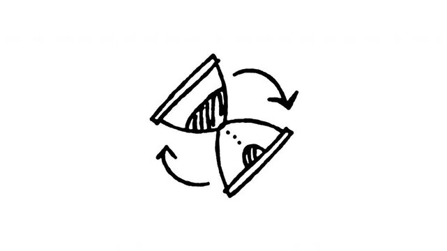 4K hand drawn hourglass turning down pop-up icon featuring boiling line animation. Frame by frame line art on black and green screen backgrounds for flipping timer, reset countdown, sand flow.