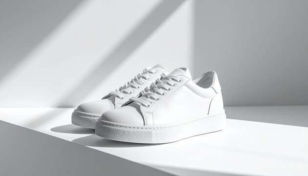 Minimalist white sneakers with dramatic shadow on light grey surface