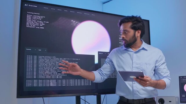 Software engineer use digital tablet Presenting system cyber security or coding on computer screen at home office. Professional programmer working use technology AI verify code or reading data develop