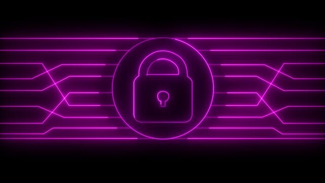 Pink Neon Padlock and Circuitry Graphics on Dark Background glow. High-tech glowing green padlock with circuit graphics, showcasing secure systems and cyber protection.4k animation video