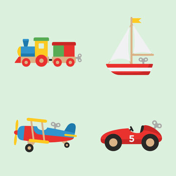 Vintage Wind Up Toy Set Including Train Sailboat Airplane and Race Car Vector Icons