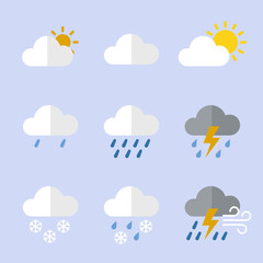 Obraz premium Weather forecast flat design icons representing different climate conditions