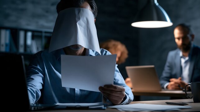 whistleblower anonymously delivering confidential corruption evidence to investigative journalists dramatic newsroom atmosphere realistic editorial documentary photography