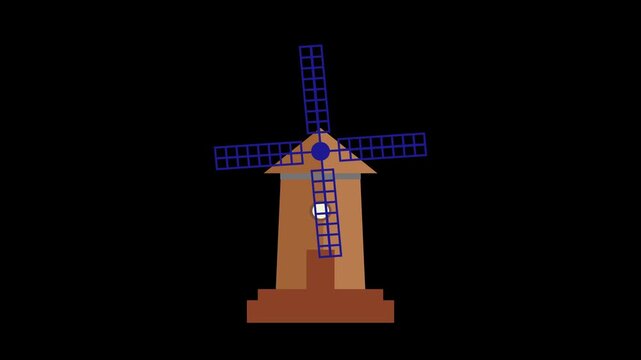 Rotating traditional Dutch windmill animation on black background.