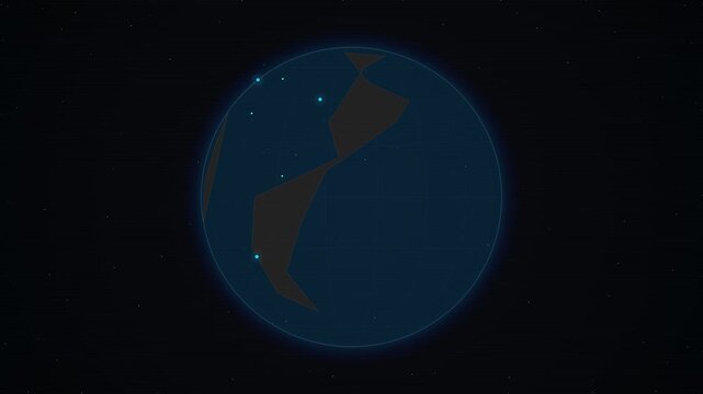 Stylized digital illustration of a dark blue planet floating in the vast void of outer space with distant twinkling lights