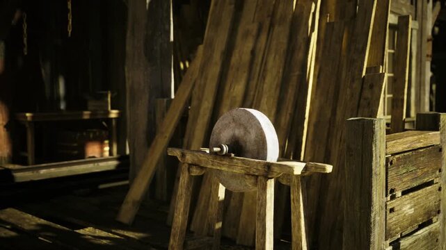Rusty grindstone on wooden stand, warm sunlight slanting across aged planks, dust motes floating, leaning tools and textured metal surfaces evoke handson