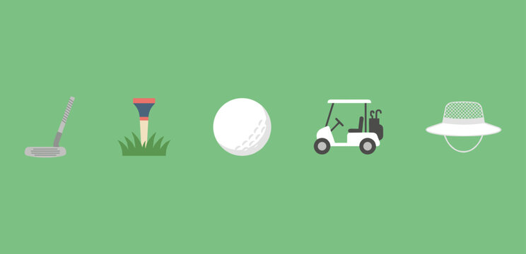Golf Sport Equipment Vector Collection Featuring Golf Putter Tee Golf Cart and Hat
