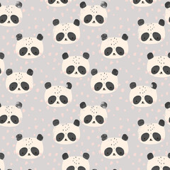 Cute panda faces repeating pattern with pastel pink dots on grey background seamless textile design © Creativezone