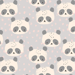 Cute panda faces with pink confetti scattered across a soft grey background seamless pattern © Creativezone