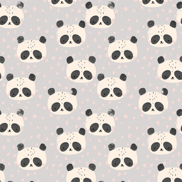 Cute panda faces repeating pattern with pastel pink dots on grey background seamless textile design