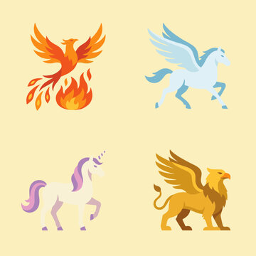 Mythical legendary creatures set with phoenix pegasus unicorn and griffin vector illustration