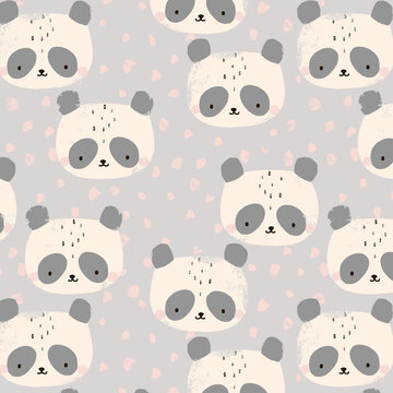 Cute panda faces with pink confetti scattered across a soft grey background seamless pattern