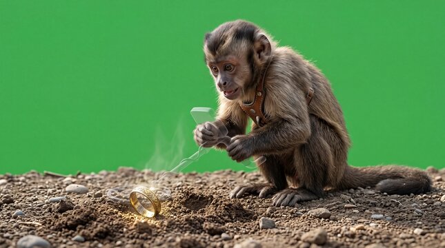 Monkey greenscreen realistic monkey using an invisible metal detector on the ground and finding some treasure; funny capuchin primate treasure hunting adventure discovery concept.