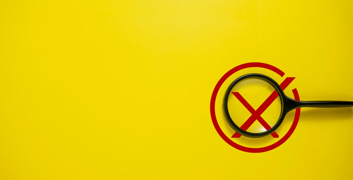 Rejected Verification Concept with Magnifying Glass, Red Cross Mark, Validation Failure and Quality Control Inspection