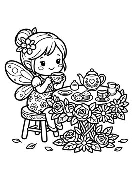 Cute chibi fairy having a tea party in a flower garden, black and white coloring page