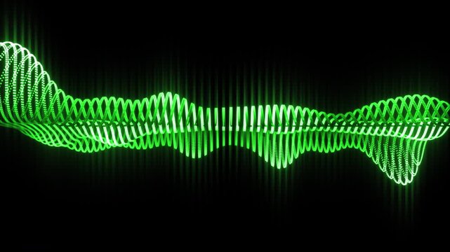 Glowing emerald green audio waveform equalizer with coiled lines pulsating on a solid black background, an elegant music visualizer for concerts and fashion performances