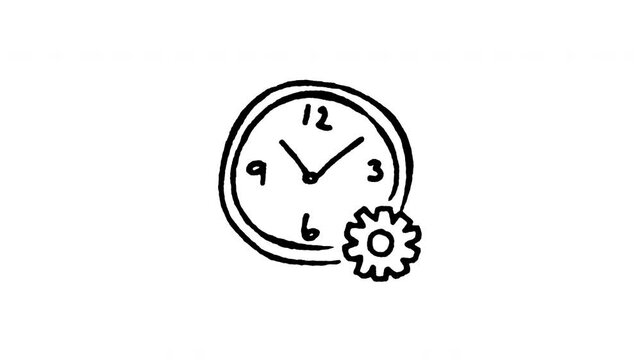 4K hand drawn settings gear clock pop-up icon featuring boiling line animation. Frame by frame line art on black and green screen backgrounds for time setup, adjust schedule, system clock options.