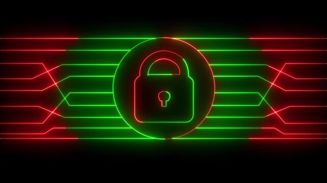Red and green Neon Padlock and Circuitry Graphics on Dark Background glow. High-tech glowing green padlock with circuit graphics, showcasing secure systems and cyber protection.4k animation video