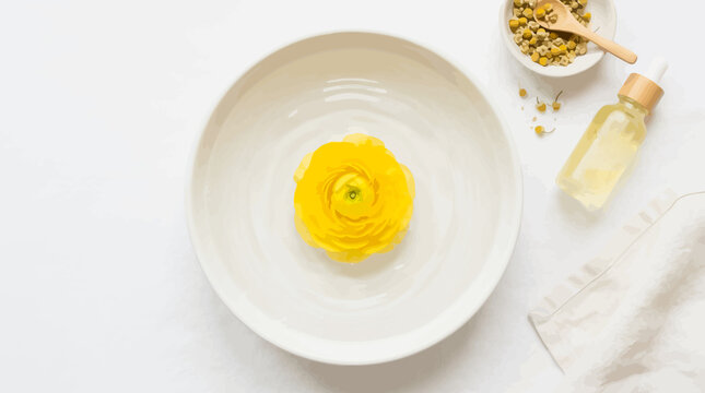 Yellow flower floating in a bowl of water with essential oil, spa treatment
