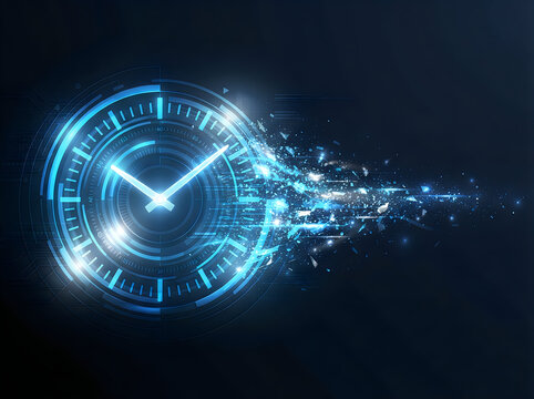 Glowing digital clock face dissolving into abstract blue light particles