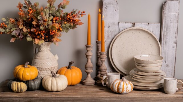 Pumpkins, taper candles and stacked ceramic plates on retail shelf, Thanksgiving tabletop setting concept
