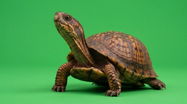 Realistic box turtle on greenscreen, a land turtle lifting its head high and scanning the surroundings, isolated on chroma key green for visual effects and animal video production.