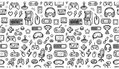 Video Game Hand Drawn Doodle Seamless Pattern Gaming Controller and Retro Arcade Vector Background © KOLPONA