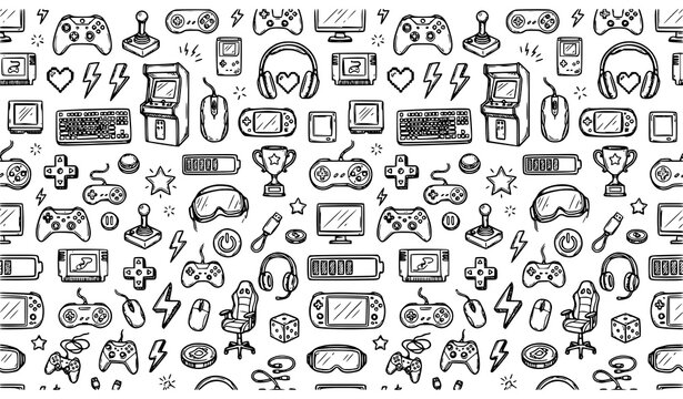 Video Game Hand Drawn Doodle Seamless Pattern Gaming Controller and Retro Arcade Vector Background