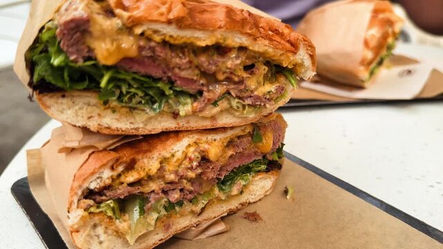 Close-up of a grilled beef burger sliced in half, revealing juicy meat, melted cheese, fresh lettuce, and sauce. Gourmet fast food served outdoors at a restaurant. High quality 4k footage