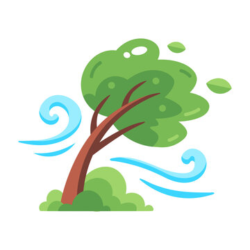 Flat weather icon of a tree bending strongly in heavy wind.