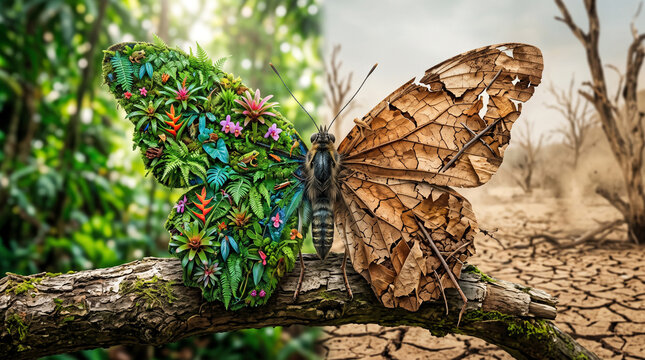 Butterfly with one wing formed by lush Amazon rainforest foliage and the other wing transformed into dry cracked leaves, representing biodiversity loss caused by climate change and deforestation