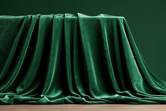Green velvet fabric draped over table surface luxury interior mockup