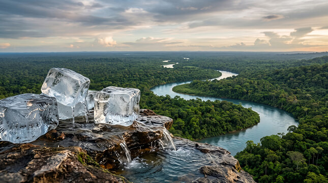 Melting ice transforming into the Amazon River, visually connecting polar ice loss, rising global temperatures and the global climate system