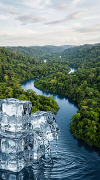 Melting ice transforming into the Amazon River, visually connecting polar ice loss, rising global temperatures and the global climate system