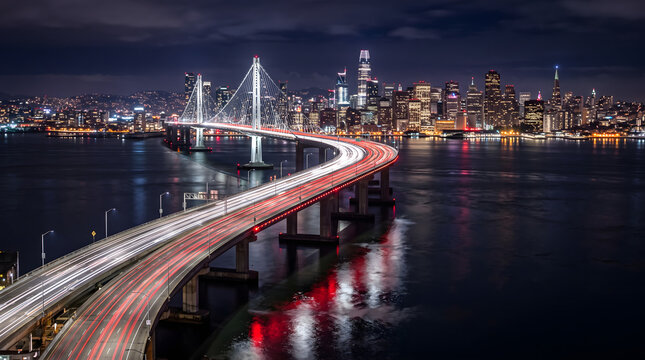 Elevated Highway Bridge at Night with Light Trails Over Ocean Near City Skyline.