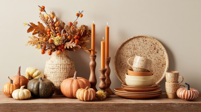 Pumpkins, taper candles and stacked ceramic plates on retail shelf, Thanksgiving tabletop setting concept
