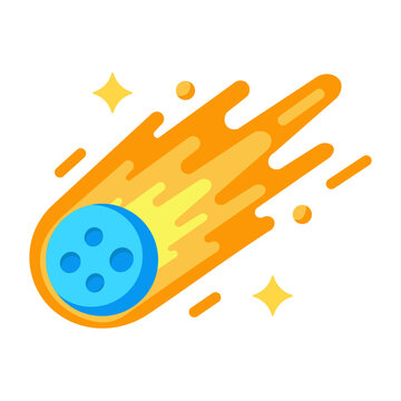 Flat fiery meteor flying through space with a glowing orange trail.
